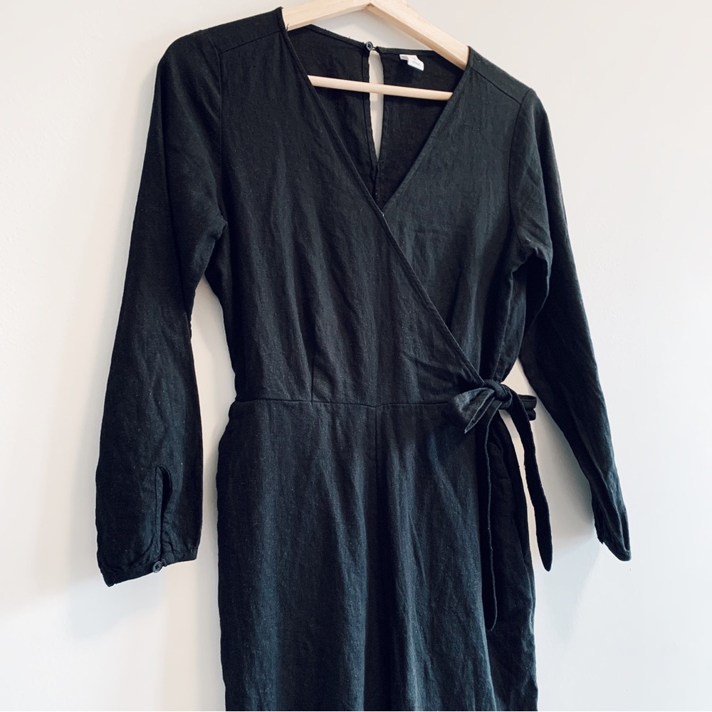 Black Long Sleeved Linen Blend Wrap Jumpsuit Old Navy